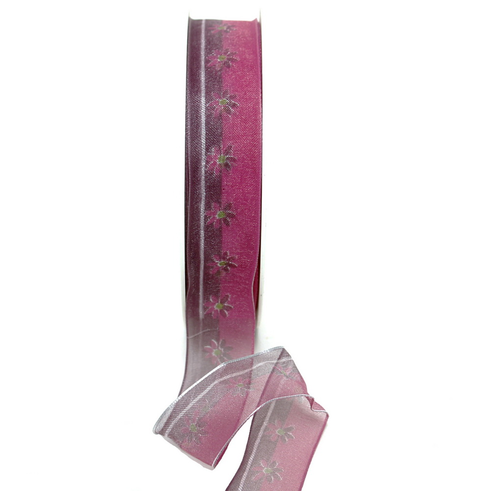 Band leicht transparent m. Blüten, Farbe erika 25mm/ 20m Kunstfaser