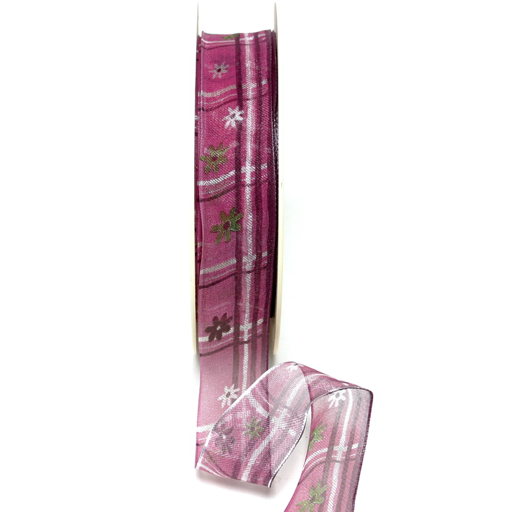 Band leicht transparent m. Blüten + Streifen erika 25mm/ 20m Kunstfaser