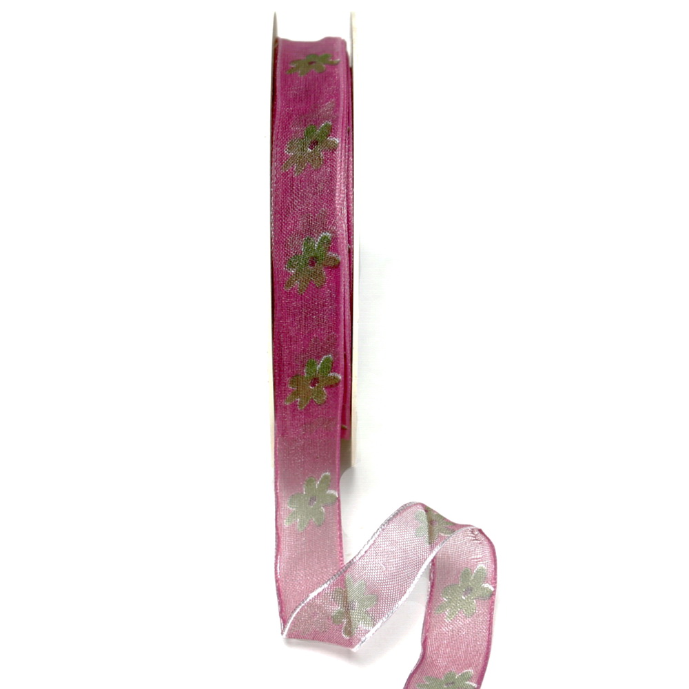 Band leicht transparent m. Blüten, Farbe erika 15mm/ 20m, Kunstfaser