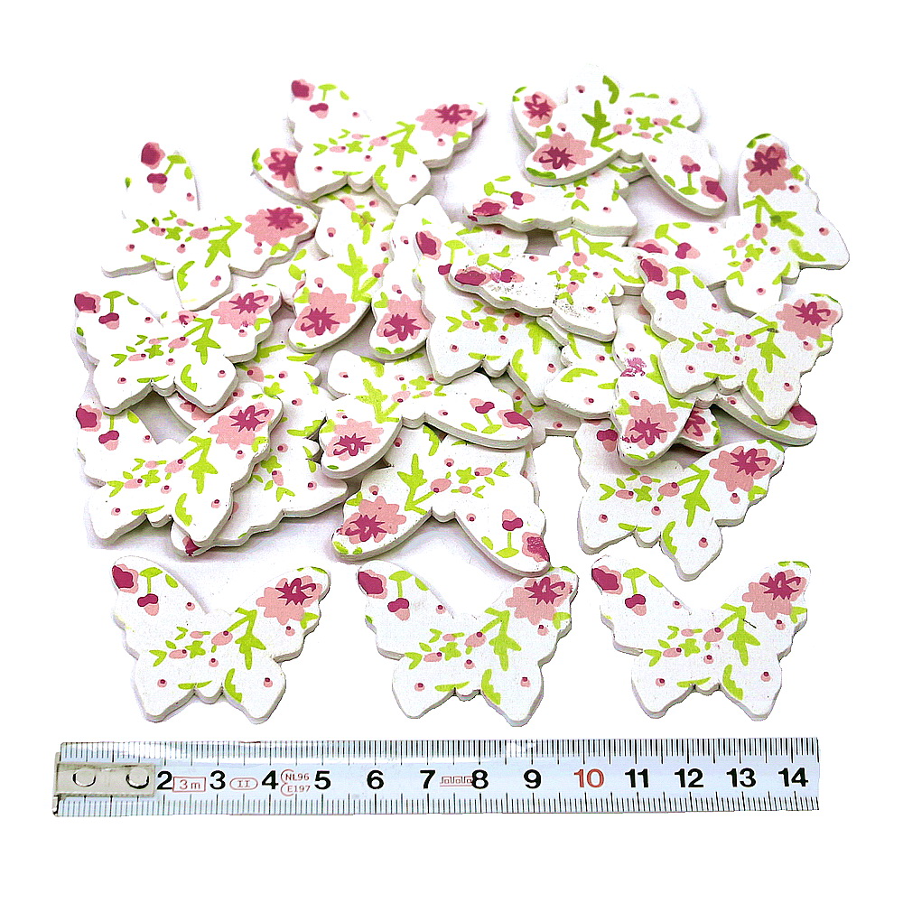 24 St. Holz- Streu- Schmetterlinge mit Muster, weiß/grün/rosa 4,5cm