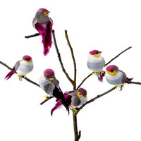 6 Stück Deko- Vögel mit Clip, Samtkörper m. Federn, grau/gelb/pink !!!