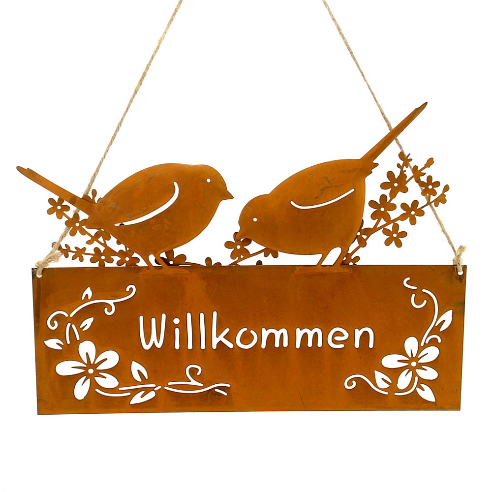 Hänger Metallschild "Willkommen" mit 2 Vögel, 25cmx18cm/ Rostlook !!!