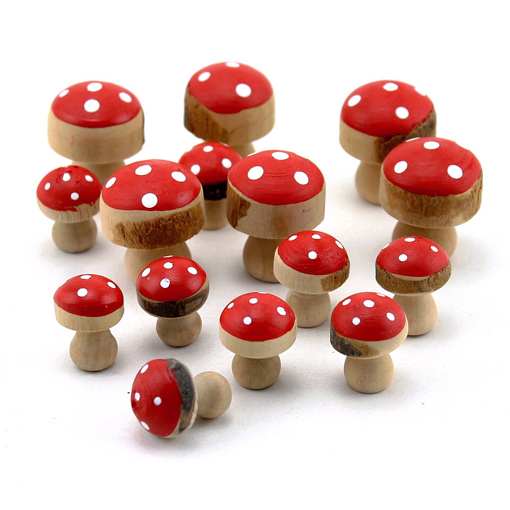 15x Holz- Pilze rot/natur, in 2 Größen, ca. H 3,5cm + 2,7cm, Fliegenpilz