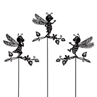 3x Metallstecker Biene auf Zweig schwarz, 3fach sortiert, flach, L42cm !!!