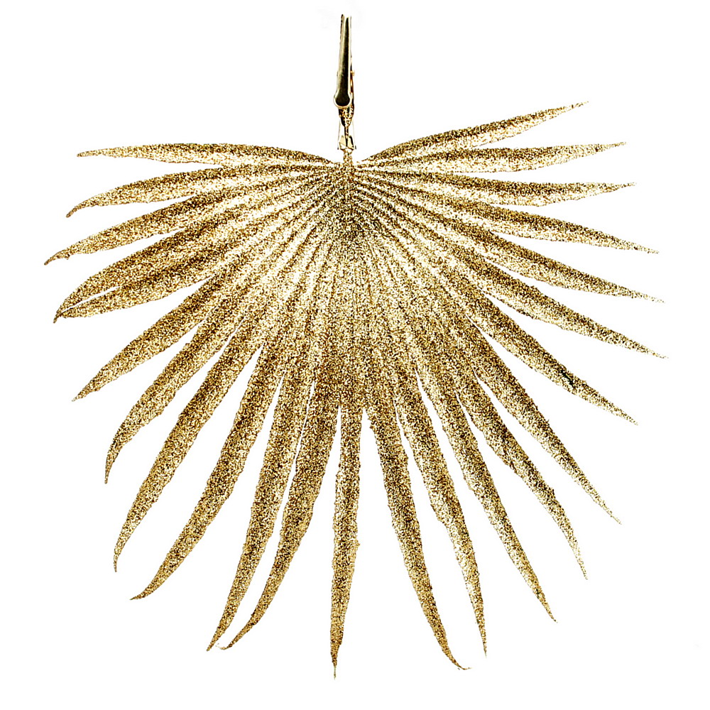 3x Palmen Blätter 23cm mit Clip, beglittert, gewölbt, künstlich/ gold