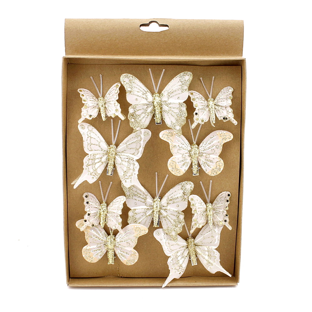 10 Stück Schmetterlinge MIX mit Clip 2 Größen, creme m Goldglitter 800