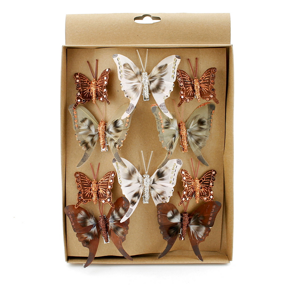 10 St. Schmetterlinge MIX mit Clip 2 Größen braun/bunt mit Glitter 807