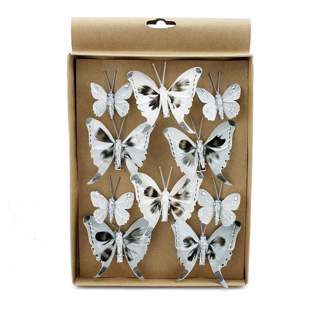 10 St. Schmetterlinge MIX mit Clip 2 Größen grau mit Silberglitter 808