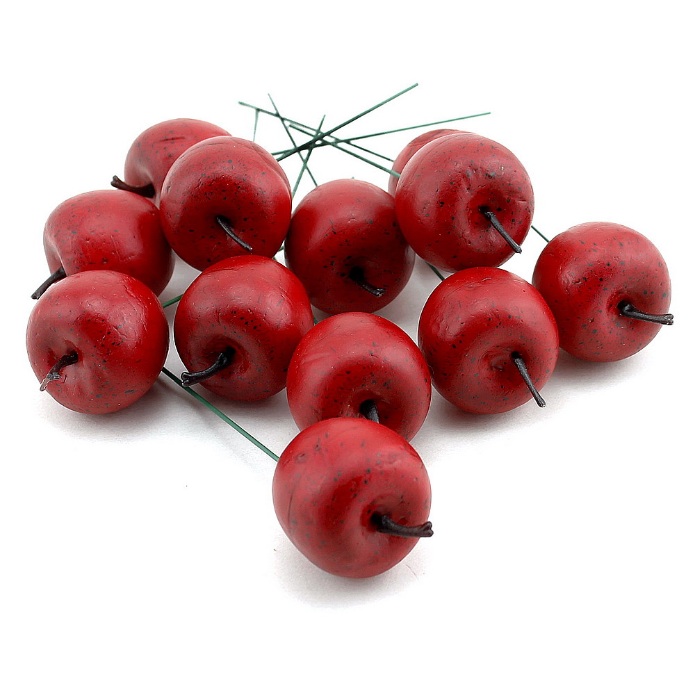 12x Deko Äpfel 3,8cm, d.-rot glänzend mit Draht, künstlich, Früchte !!!