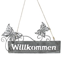 Hänger Metallschild "Willkommen" mit Schmetterlinge, 25cm/ grau Antik